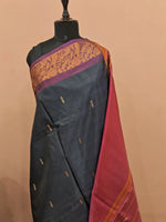 Dark blue handwoven banana silk saree 1