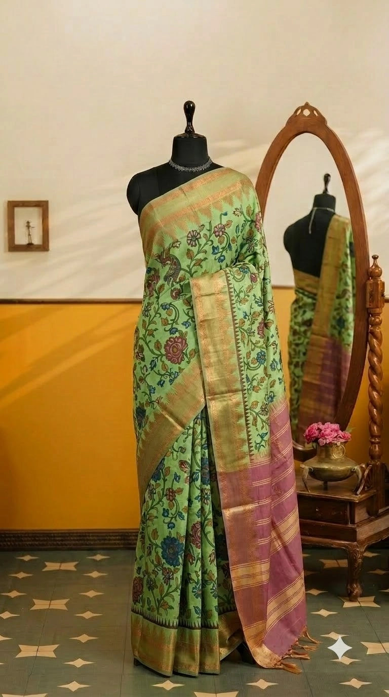 Pista green handwoven banana silk saree 