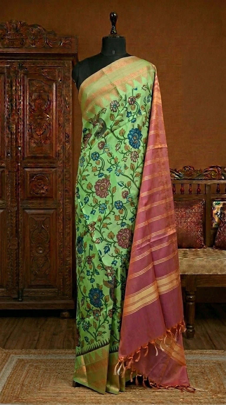 Pista green handwoven banana silk saree 
