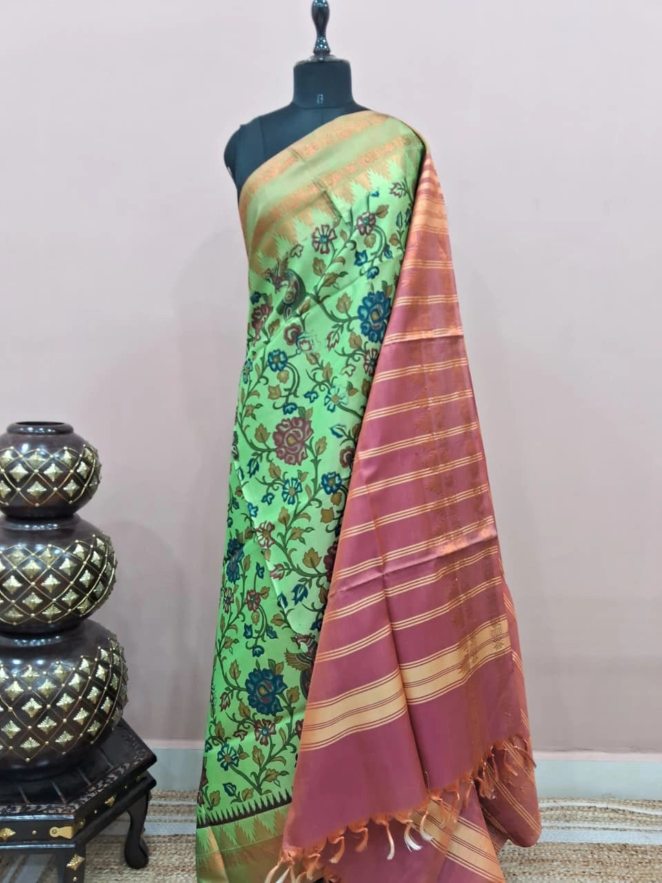 Pista green handwoven banana silk saree 