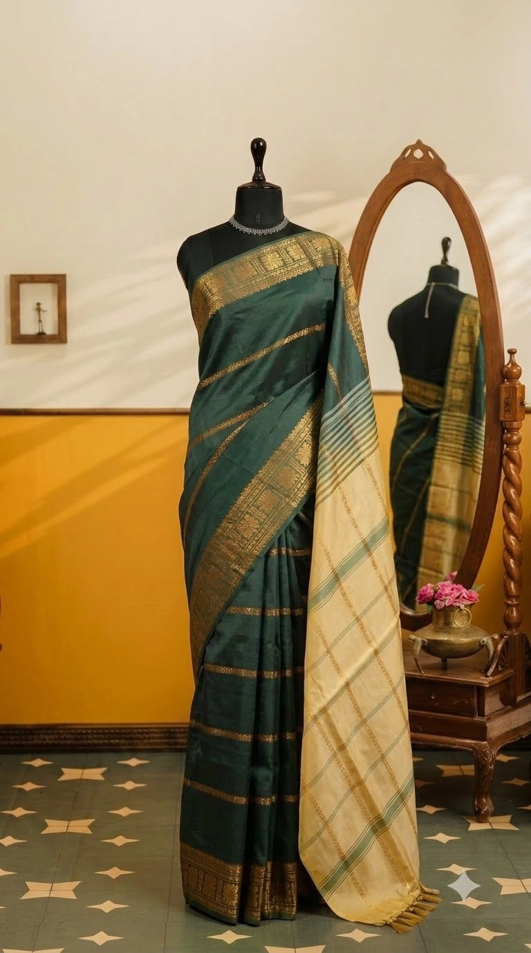 Dark green handwoven banana silk saree
