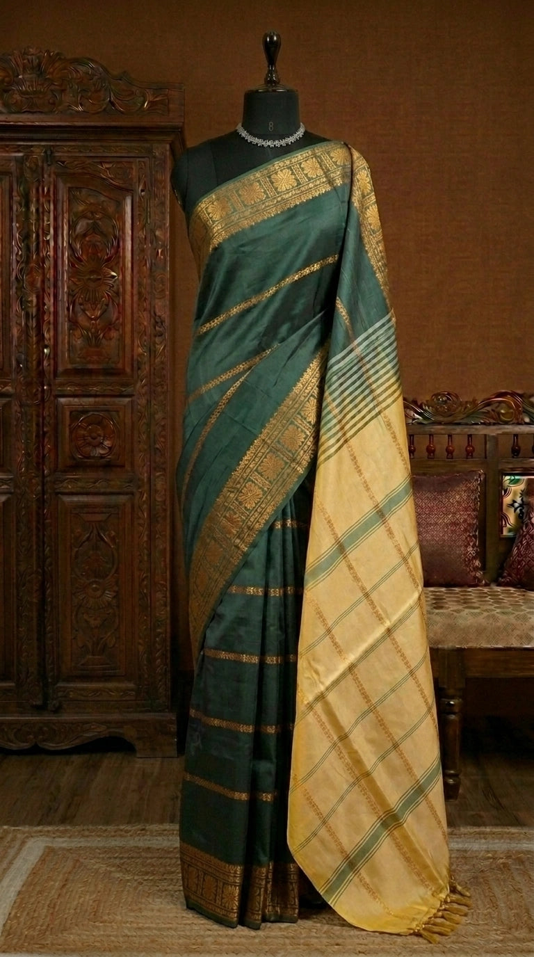 Dark green handwoven banana silk saree