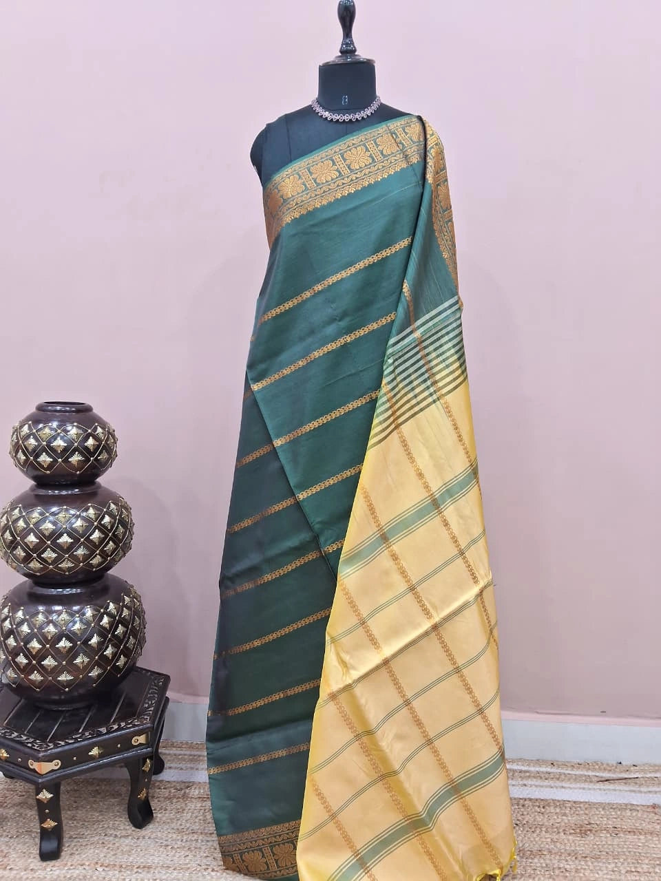 Dark green handwoven banana silk saree