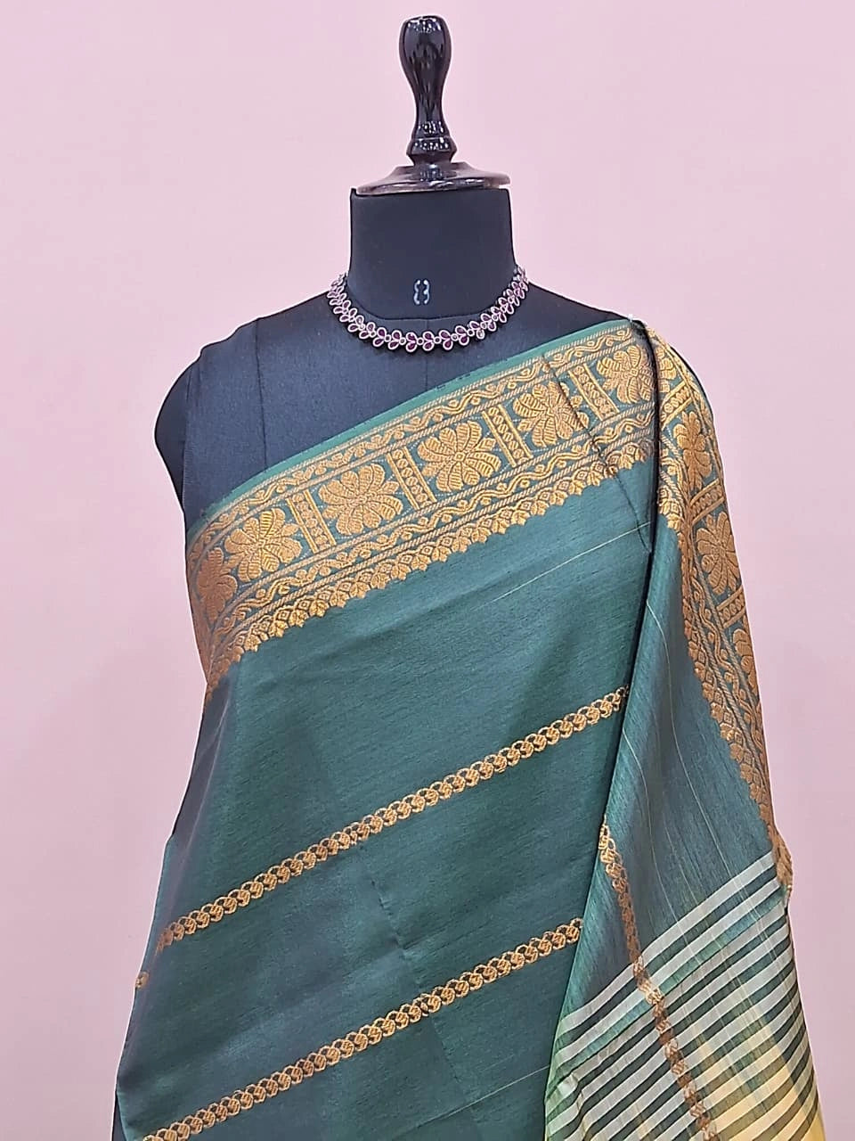 Dark green handwoven banana silk saree 1