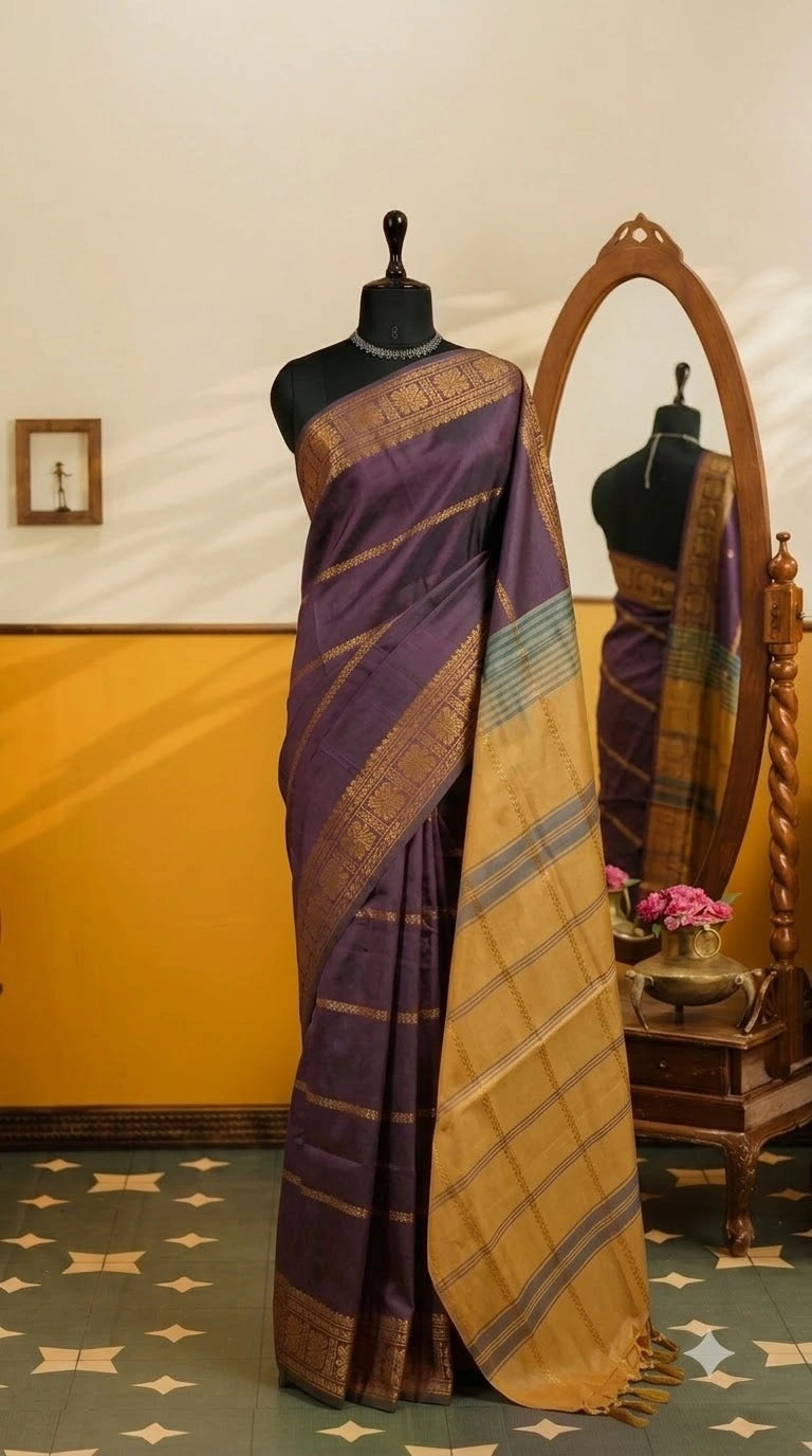 Eggplant handwoven banana silk saree