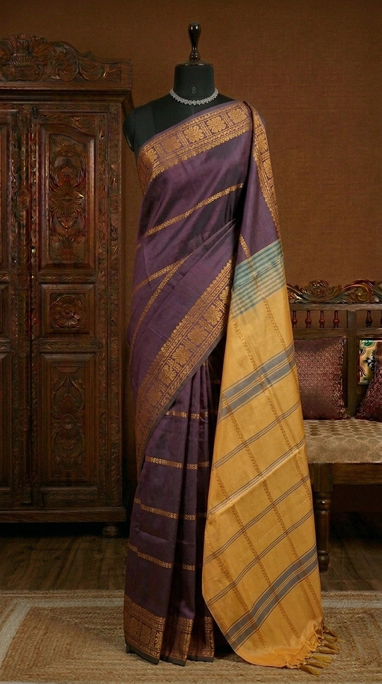 Eggplant handwoven banana silk saree 