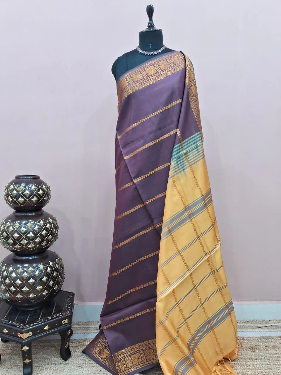 Eggplant handwoven banana silk saree 