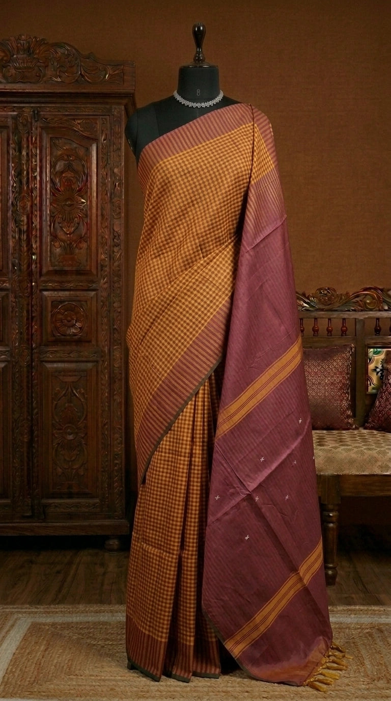Mustard yellow handwoven banana silk saree