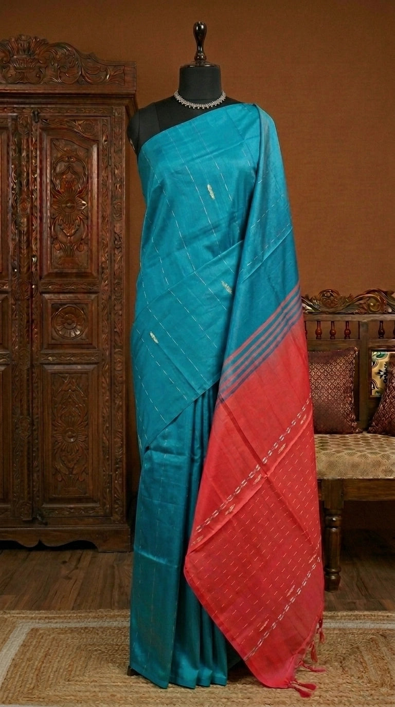 Ocean Blue handwoven banana silk saree