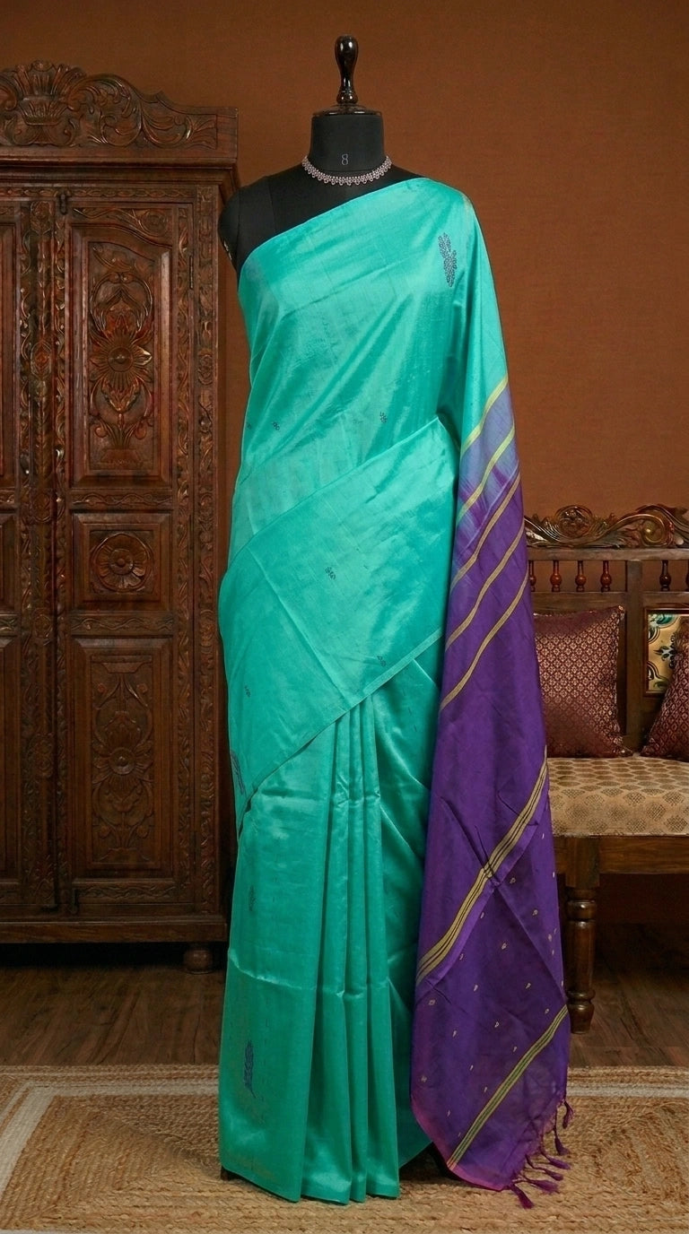 Seafoam green hand-woven banana silk saree