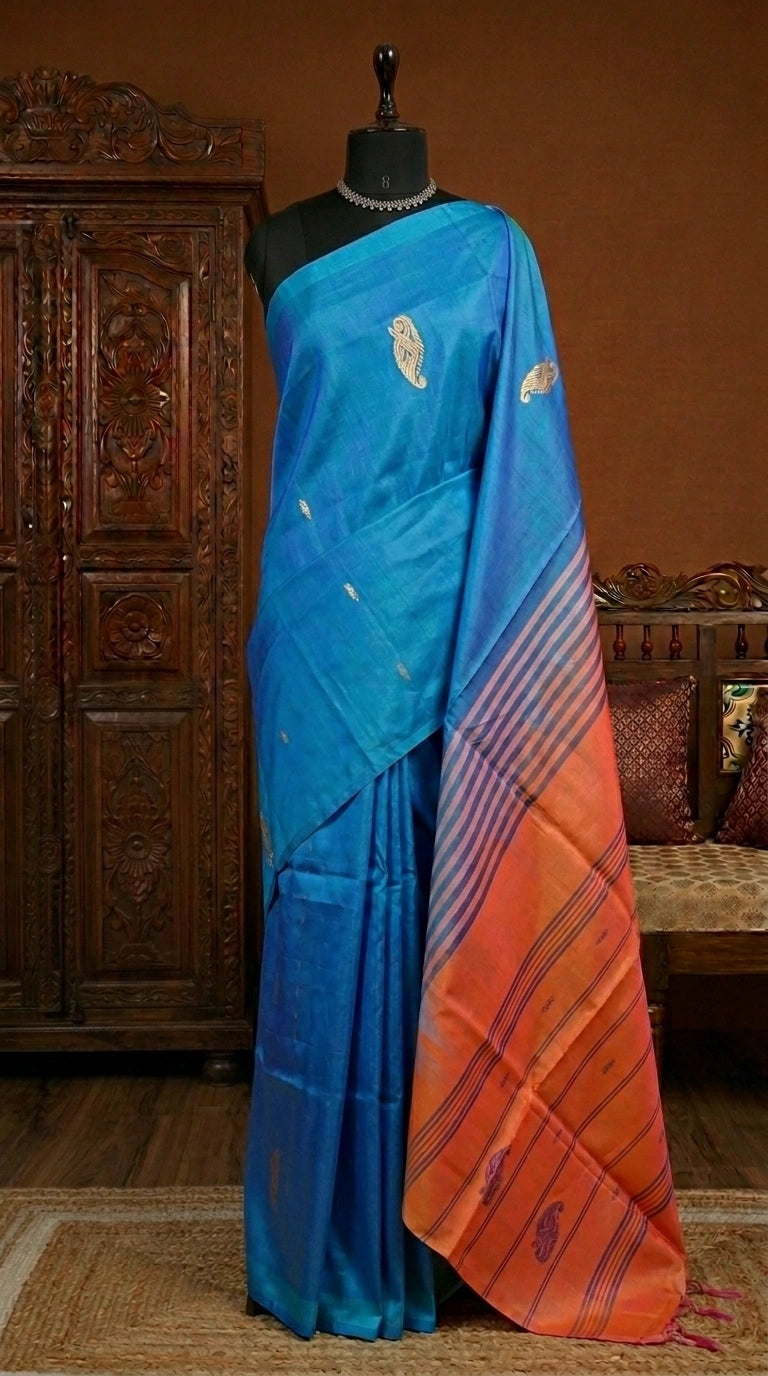Happy blue handwoven banana silk saree