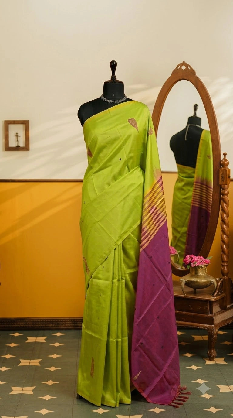 Lime green handwoven banana silk saree