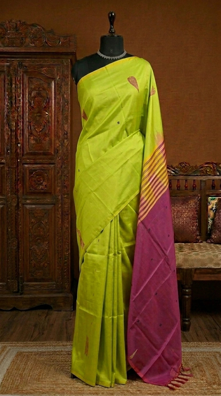 Lime green handwoven banana silk saree