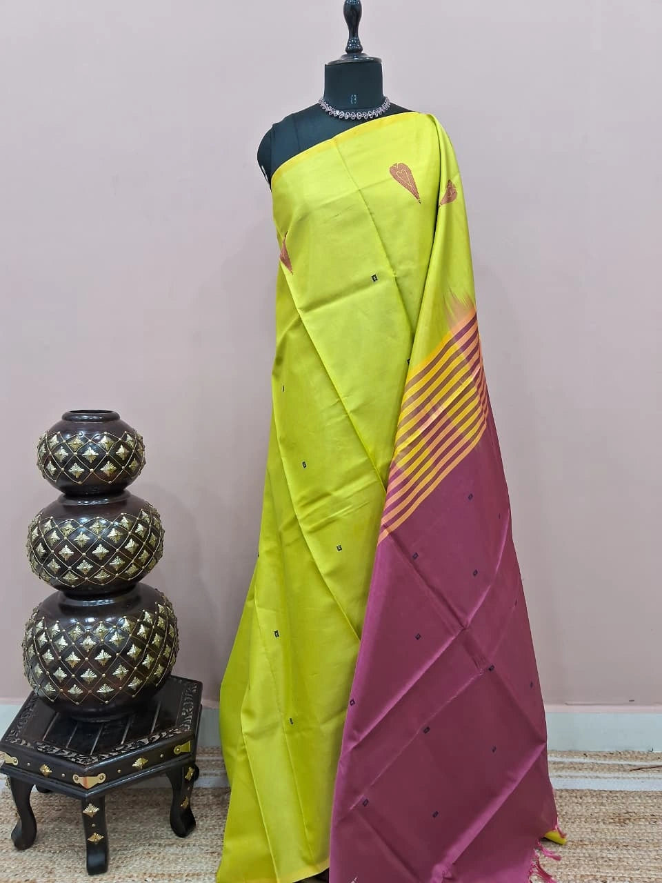 Lime green handwoven banana silk saree