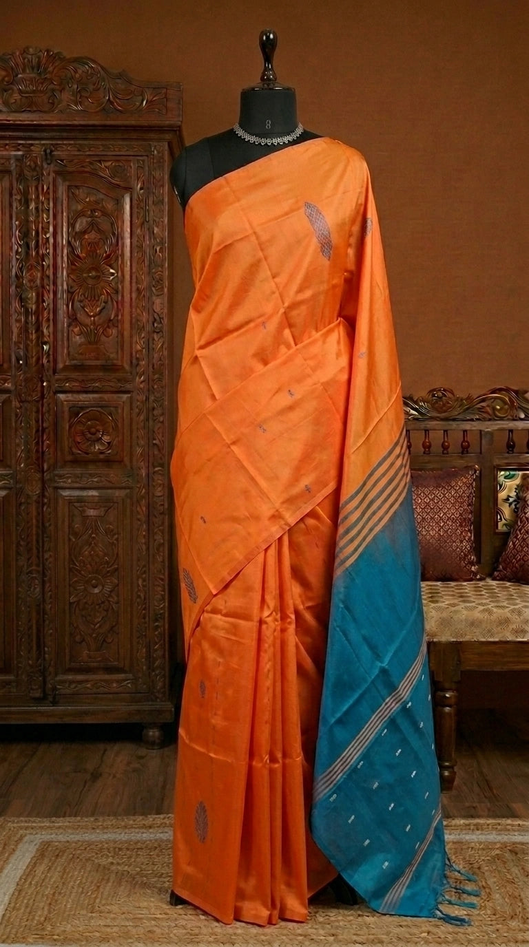 Orange handwoven banana silk saree 