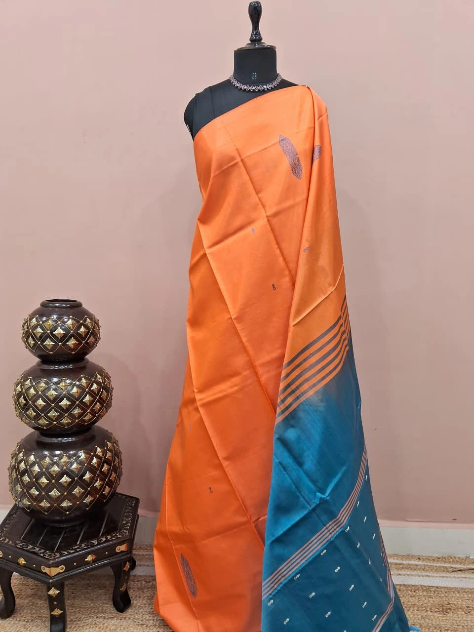 Orange handwoven banana silk saree 