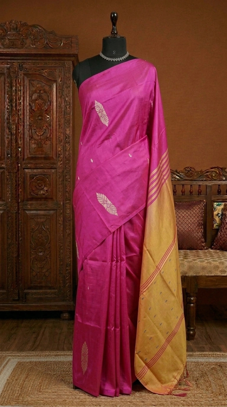 Rani pink handwoven banana silk saree