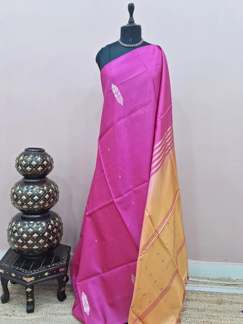 Rani pink handwoven banana silk saree