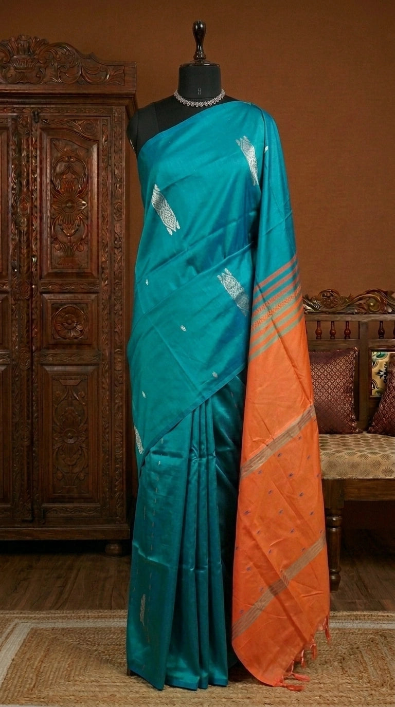 Peacock blue handwoven banana silk saree