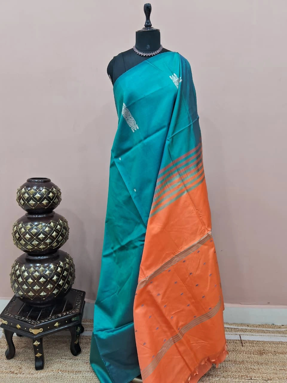 Peacock blue handwoven banana silk saree