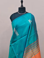 Peacock blue handwoven banana silk saree 1