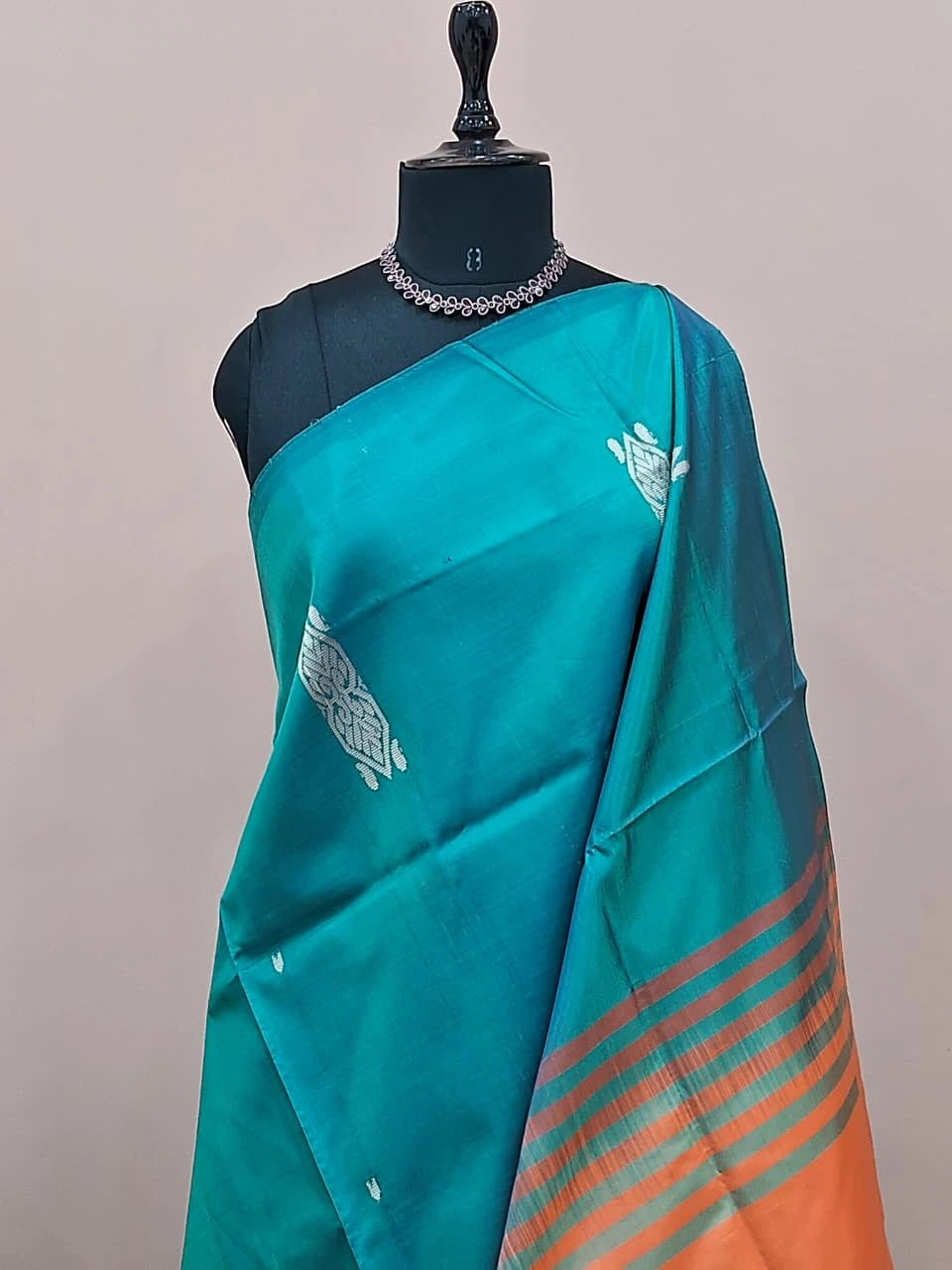 Peacock blue handwoven banana silk saree 1