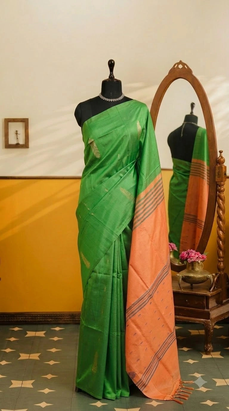 Parrot Green Handwoven Banana Silk Saree