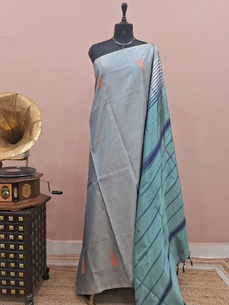 Metal Grey Handwoven Banana Silk Saree