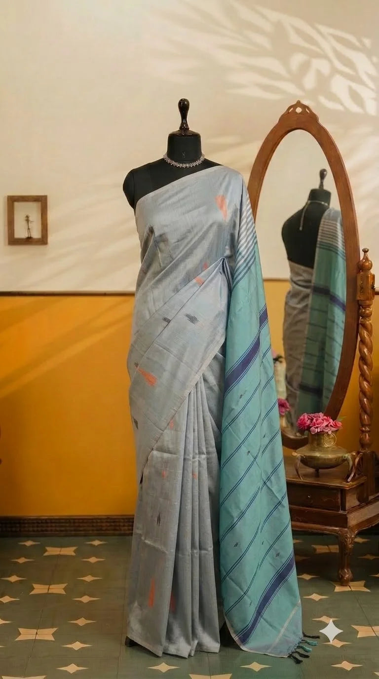 Metal Grey Handwoven Banana Silk Saree