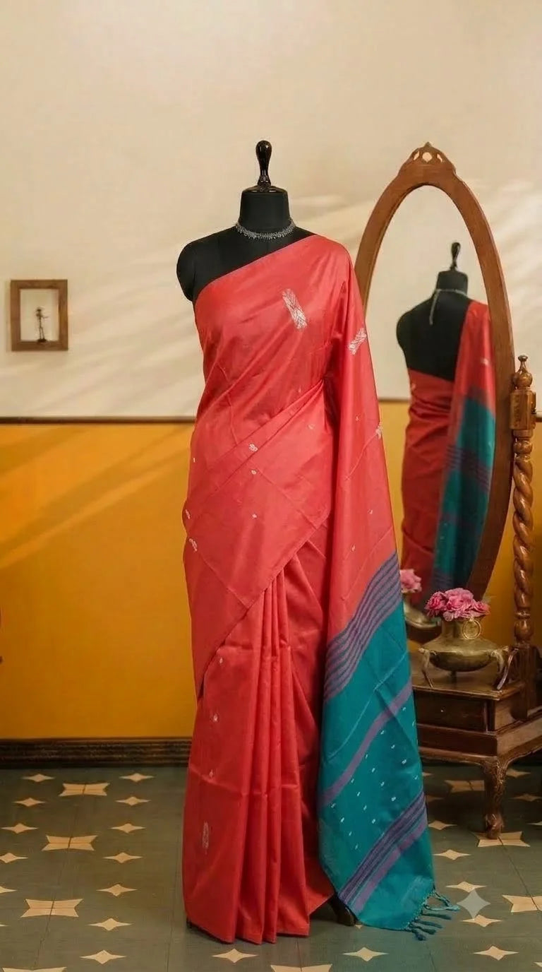 Fire Red Handwoven Banana Silk Saree