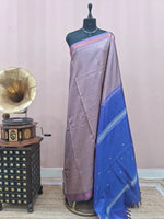 Light Yellow and Blue Checked Handwoven Banana Silk Saree