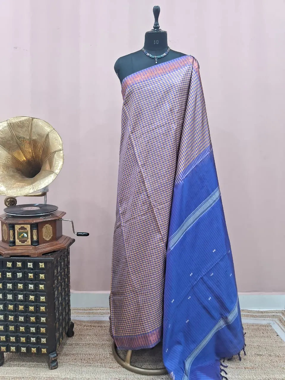 Light Yellow and Blue Checked Handwoven Banana Silk Saree