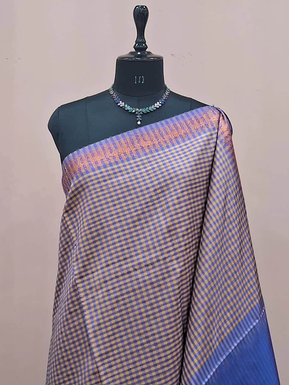 Light Yellow and Blue Checked Handwoven Banana Silk Saree 1