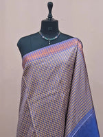 Light Yellow and Blue Checked Handwoven Banana Silk Saree 1