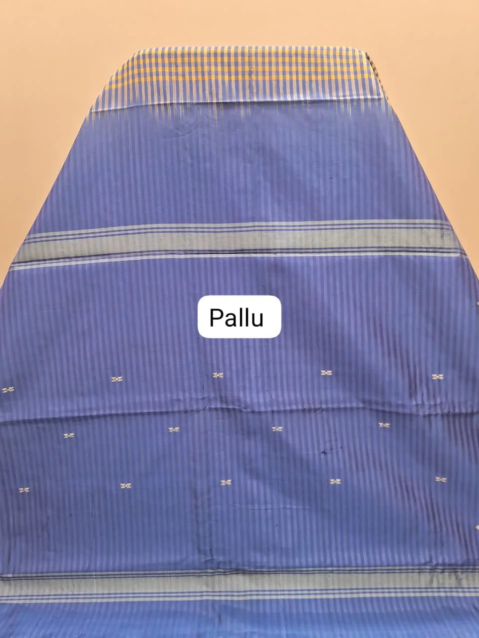 Light Yellow and Blue Checked Handwoven Banana Silk Saree Pallu
