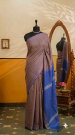 Light Yellow and Blue Checked Handwoven Banana Silk Saree