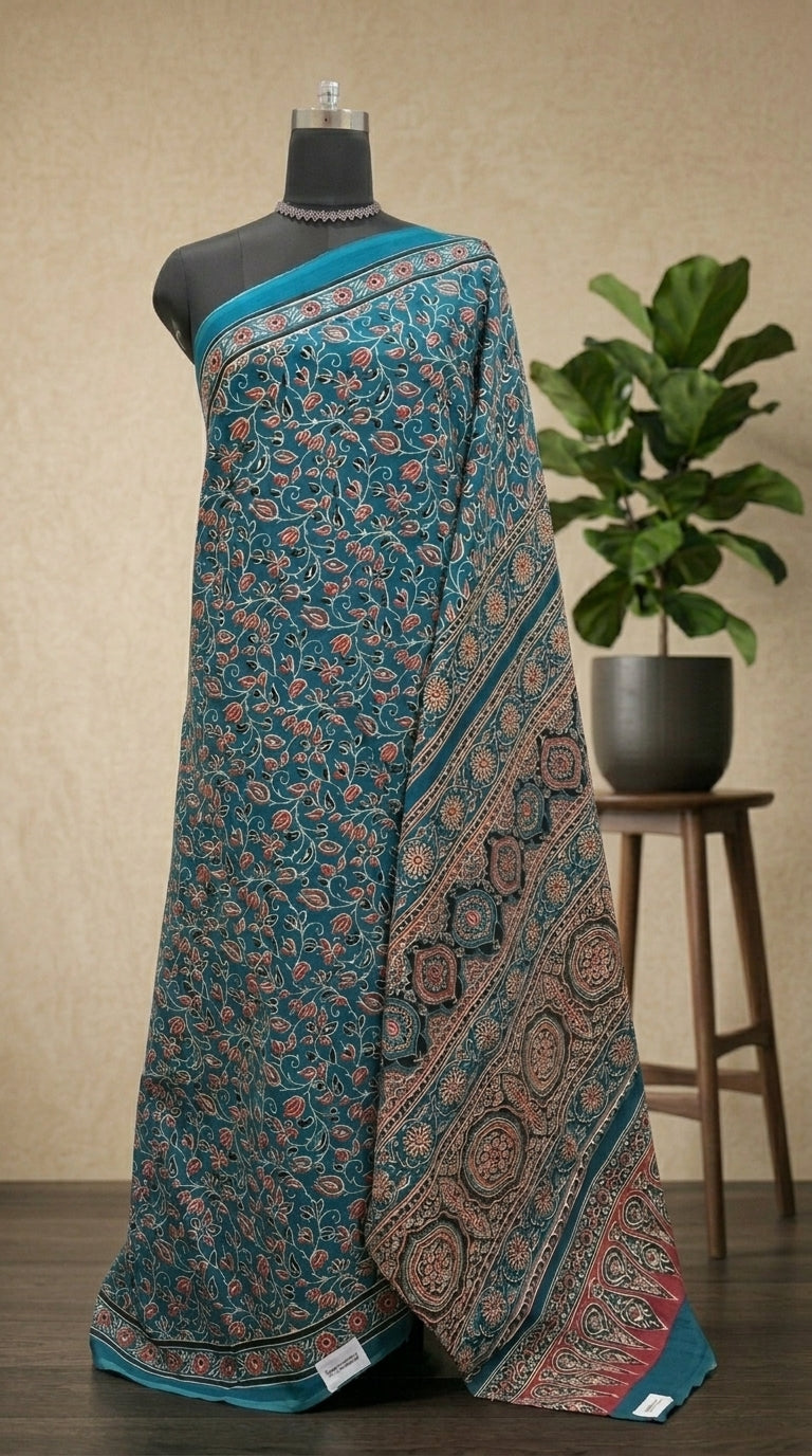 Premium Teal Blue floral printed Mulmul Cotton Saree