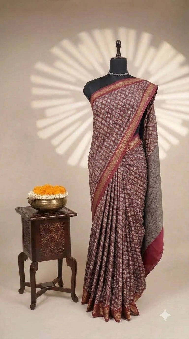 Brick Red Chanderi Saree with Diamond Print