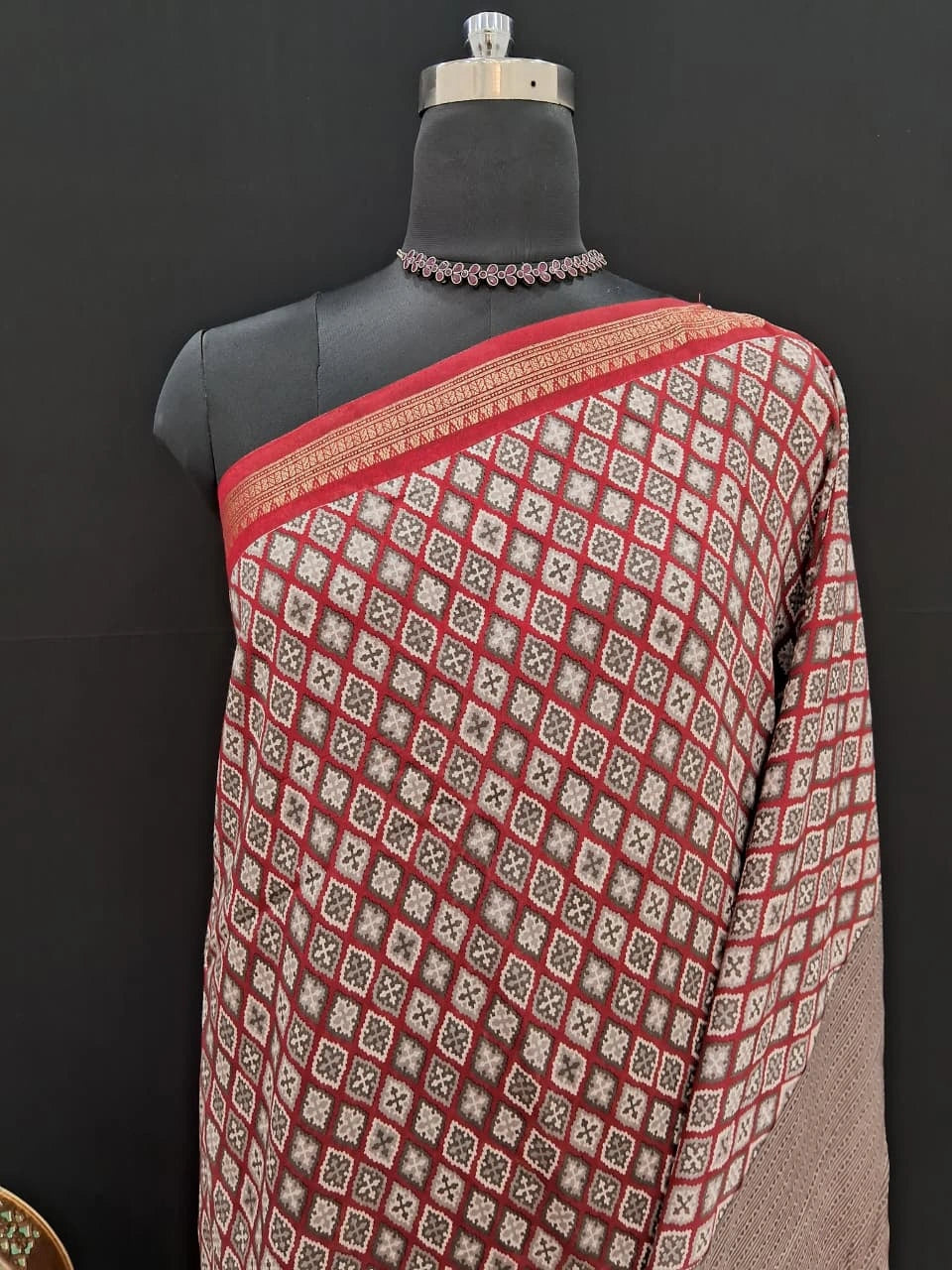 Brick Red Chanderi Saree with Diamond Print 1