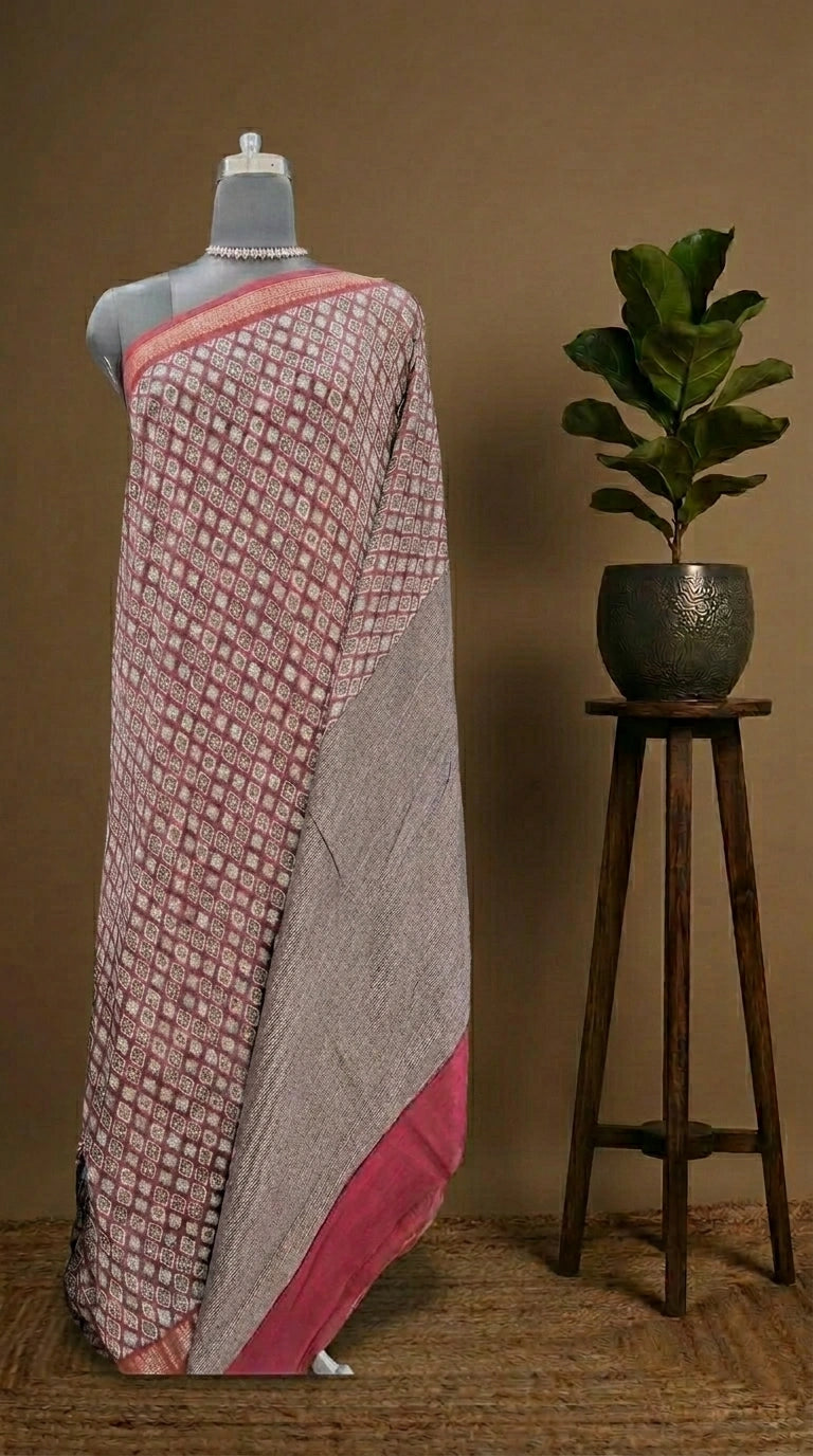 Brick Red Chanderi Saree with Diamond Print