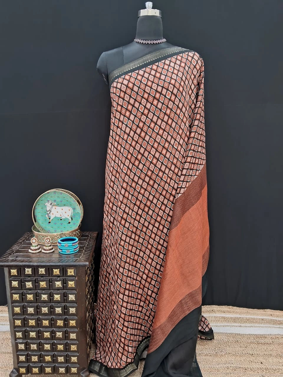 Black Chanderi Saree with Diamond Print Design