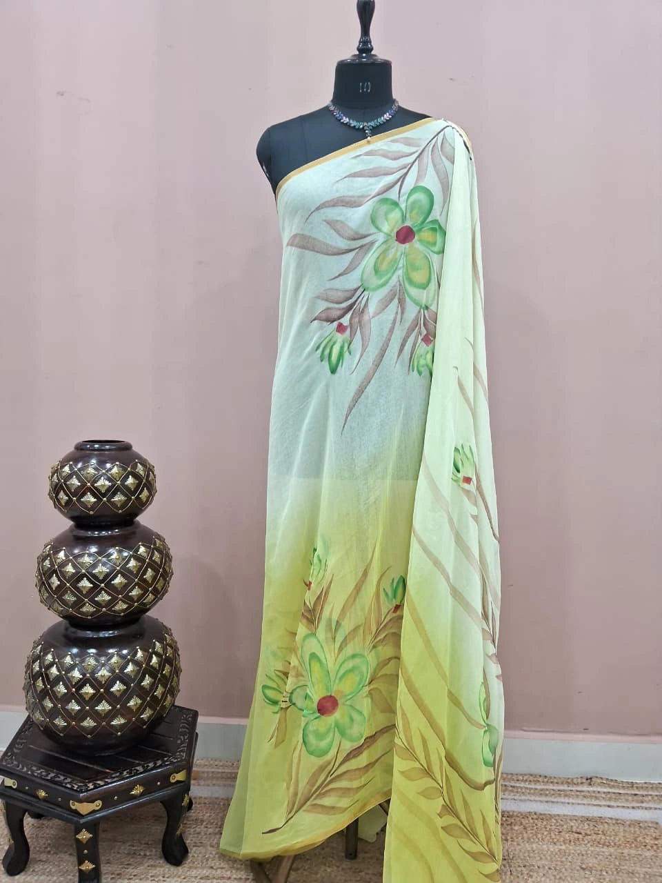 Mint Green and Light Yellow Chiffon Saree