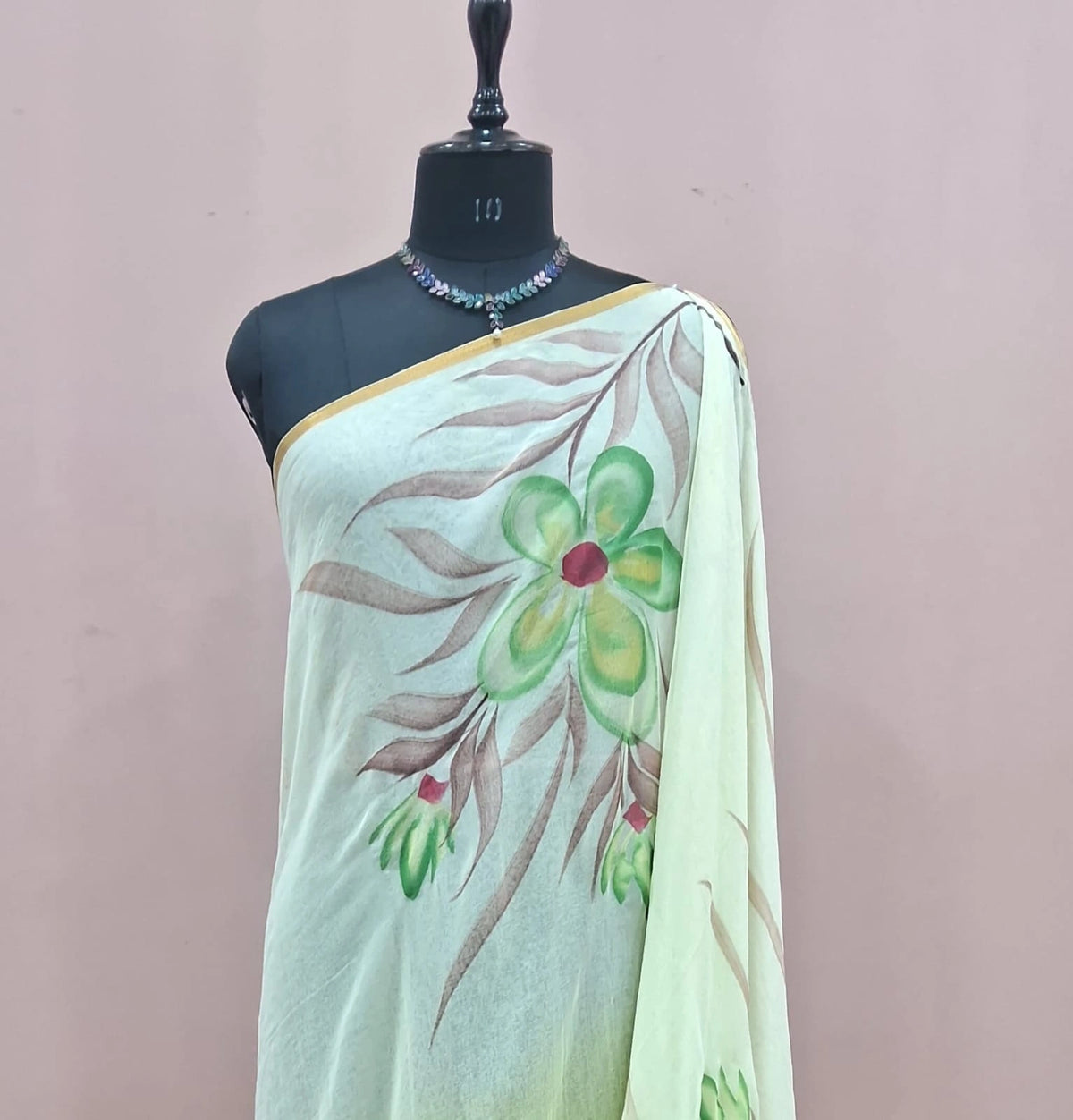 Mint Green and Light Yellow Chiffon Saree 1