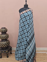 Grey, Black, and White Checked Cotton Saree 
