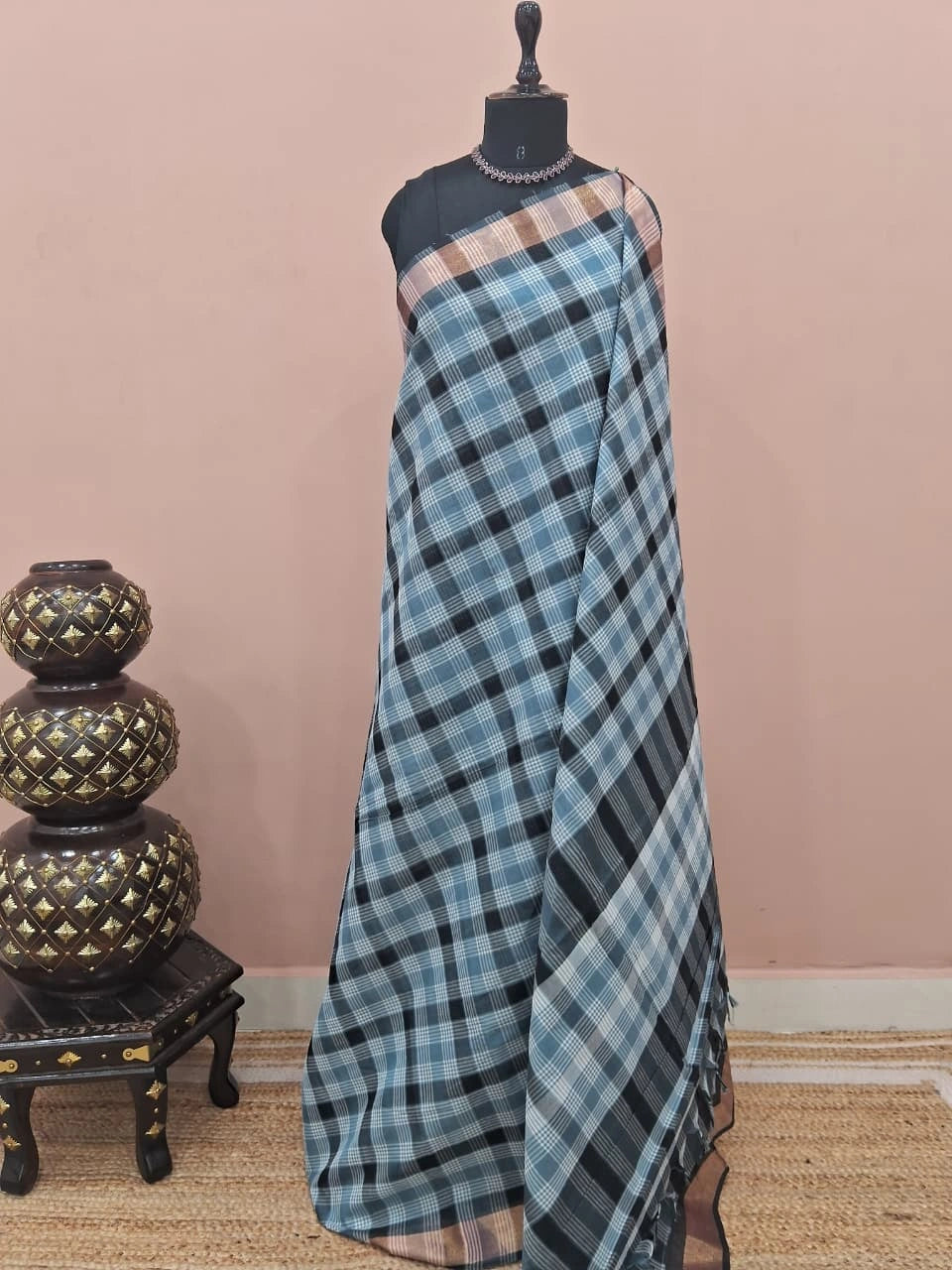 Grey, Black, and White Checked Cotton Saree 