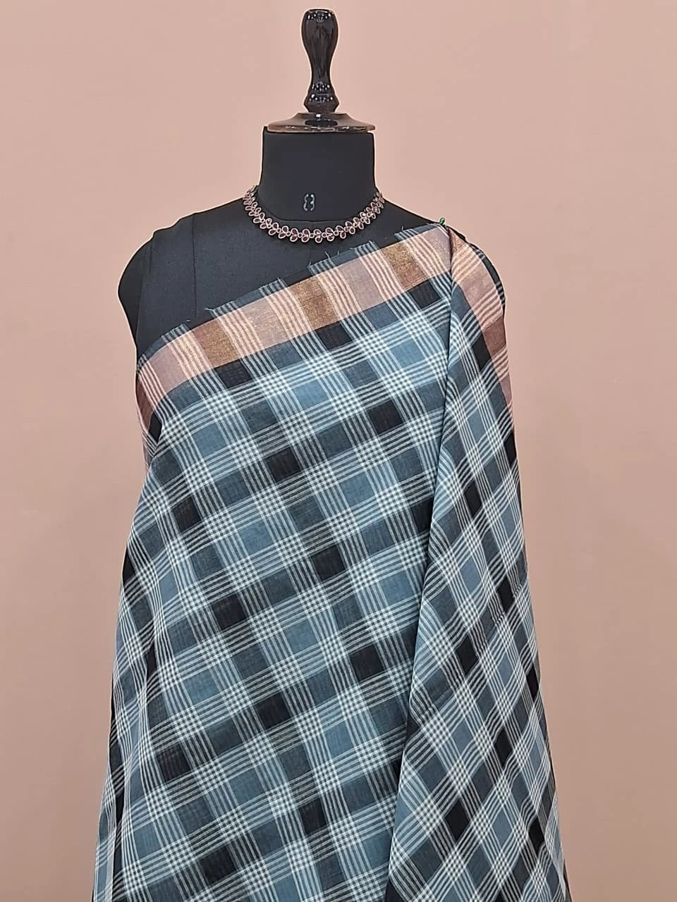 Grey, Black, and White Checked Cotton Saree 1