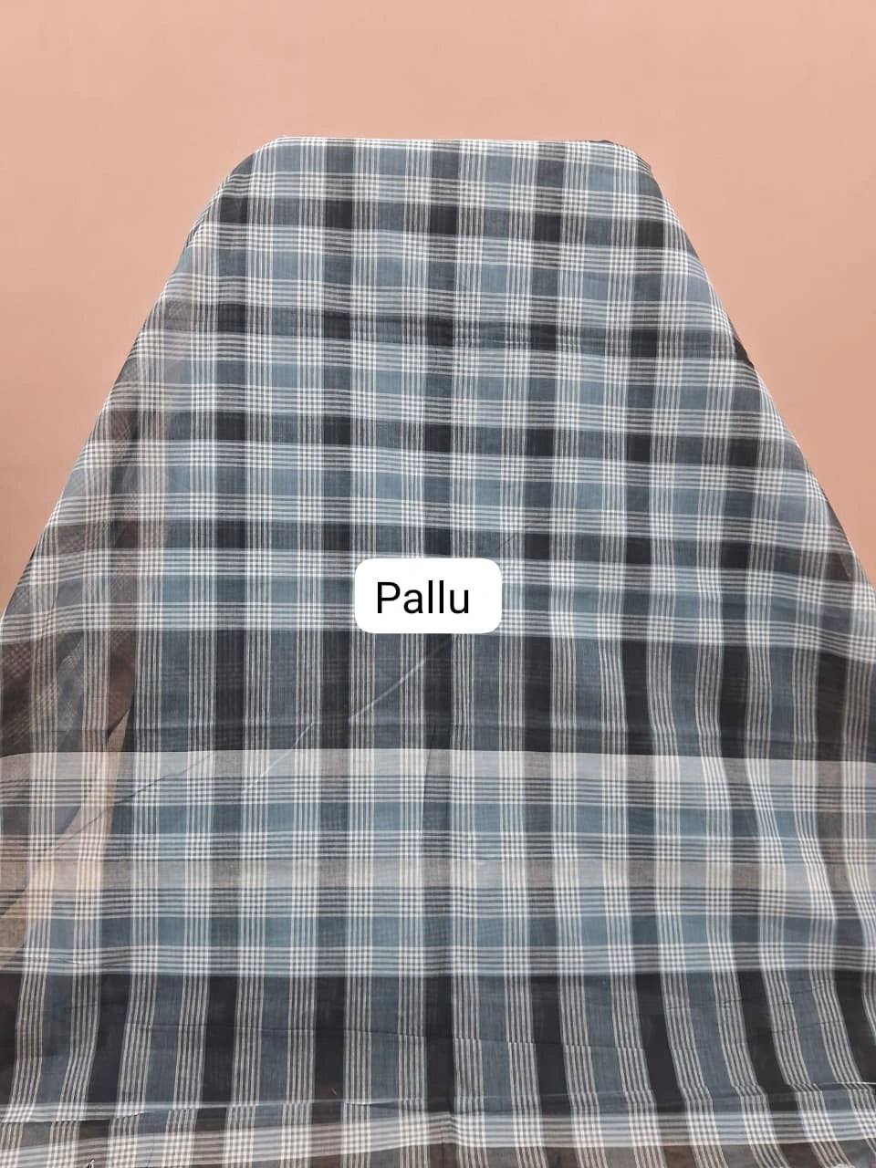 Grey, Black, and White Checked Cotton Saree Pallu