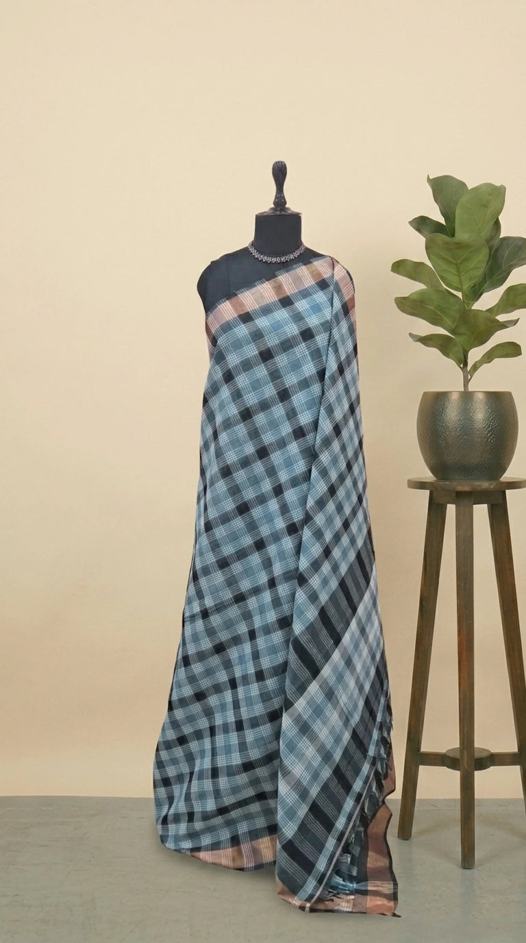 Grey, Black, and White Checked Cotton Saree 