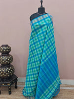Blue, Green, and White Checked Cotton Saree