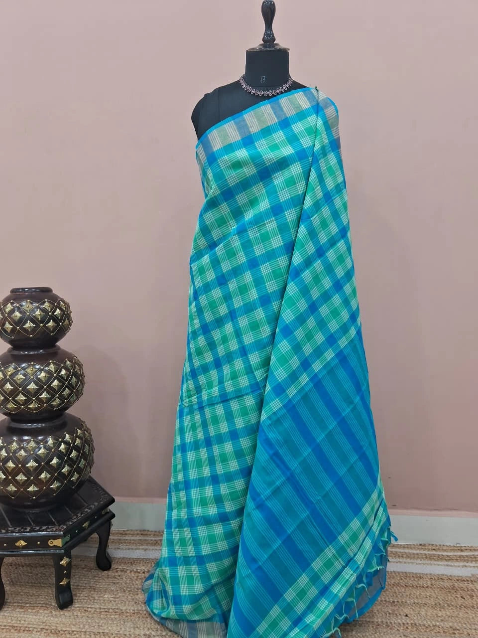 Blue, Green, and White Checked Cotton Saree